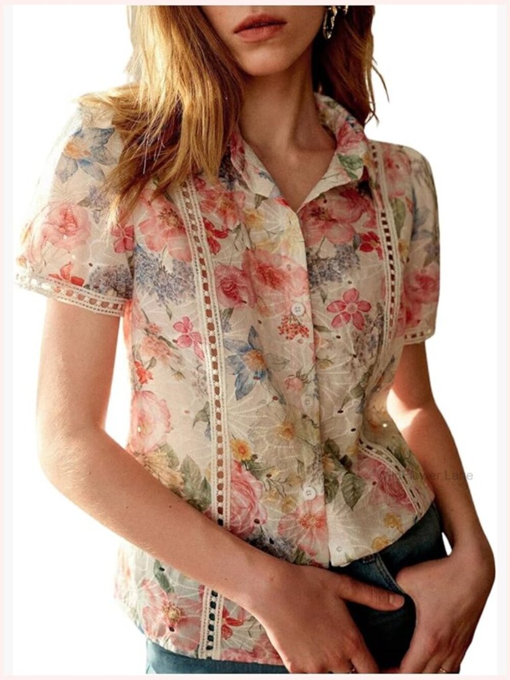 Floral Embroidered Button Down Shirt Short Sleeve Boho Blouse Top